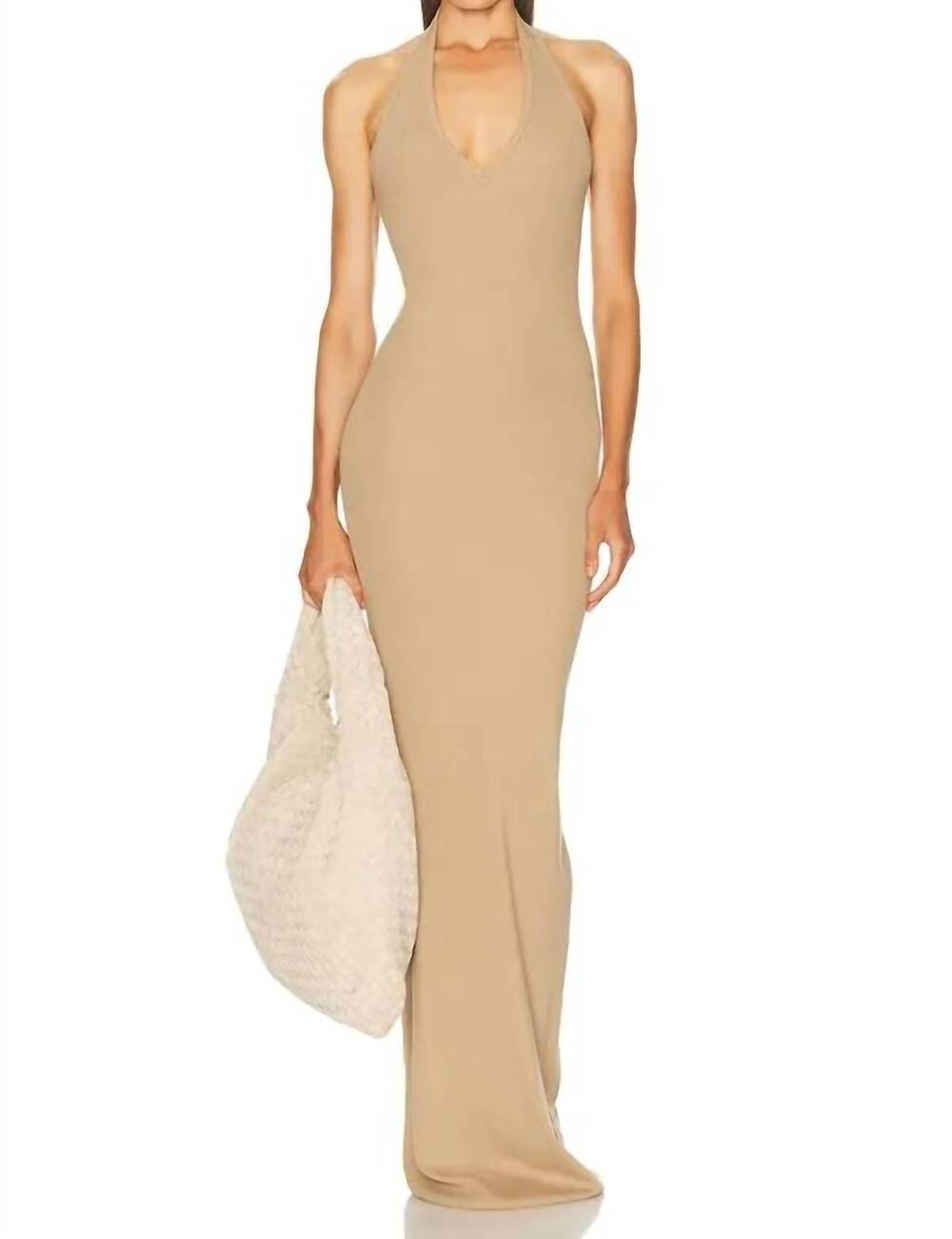 NEW ETERNE halter neck maxi dress in taupe